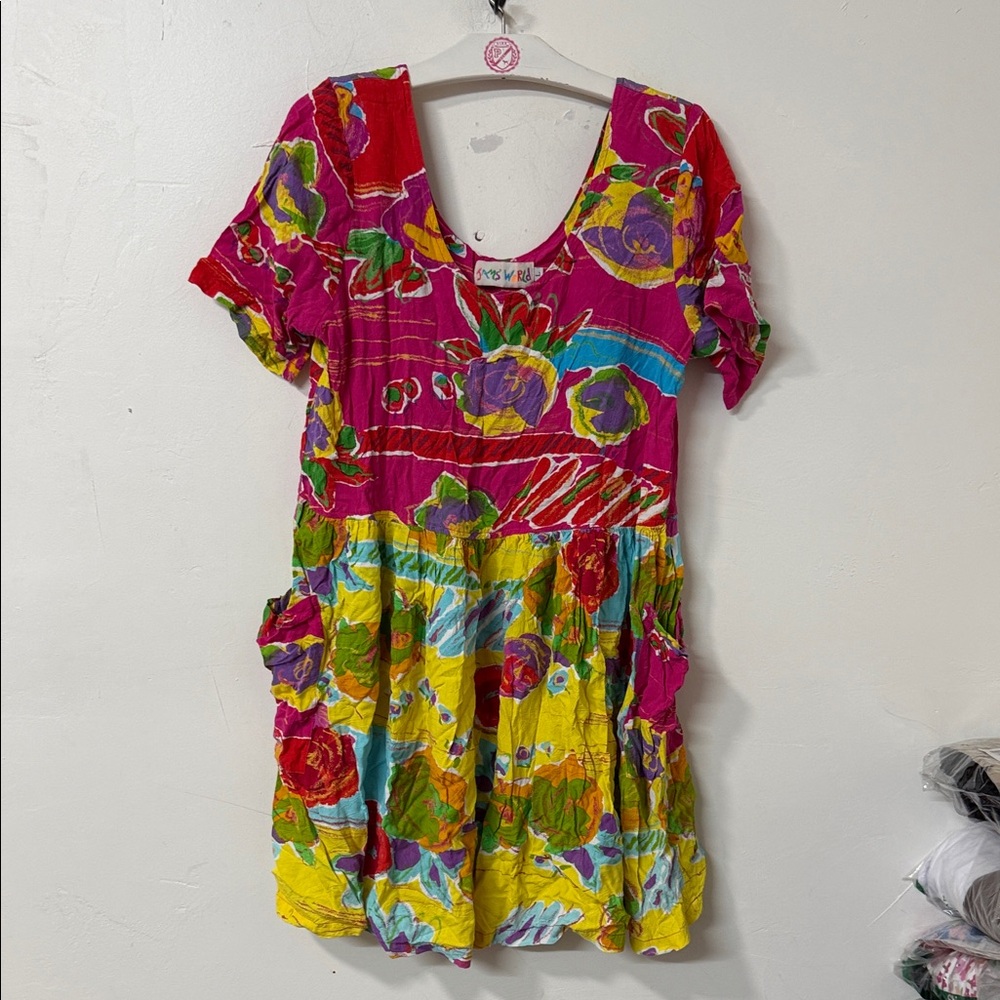 Jams World Bright Floral Crinkle Mini Dress - Pink, Yellow, Green, Blue